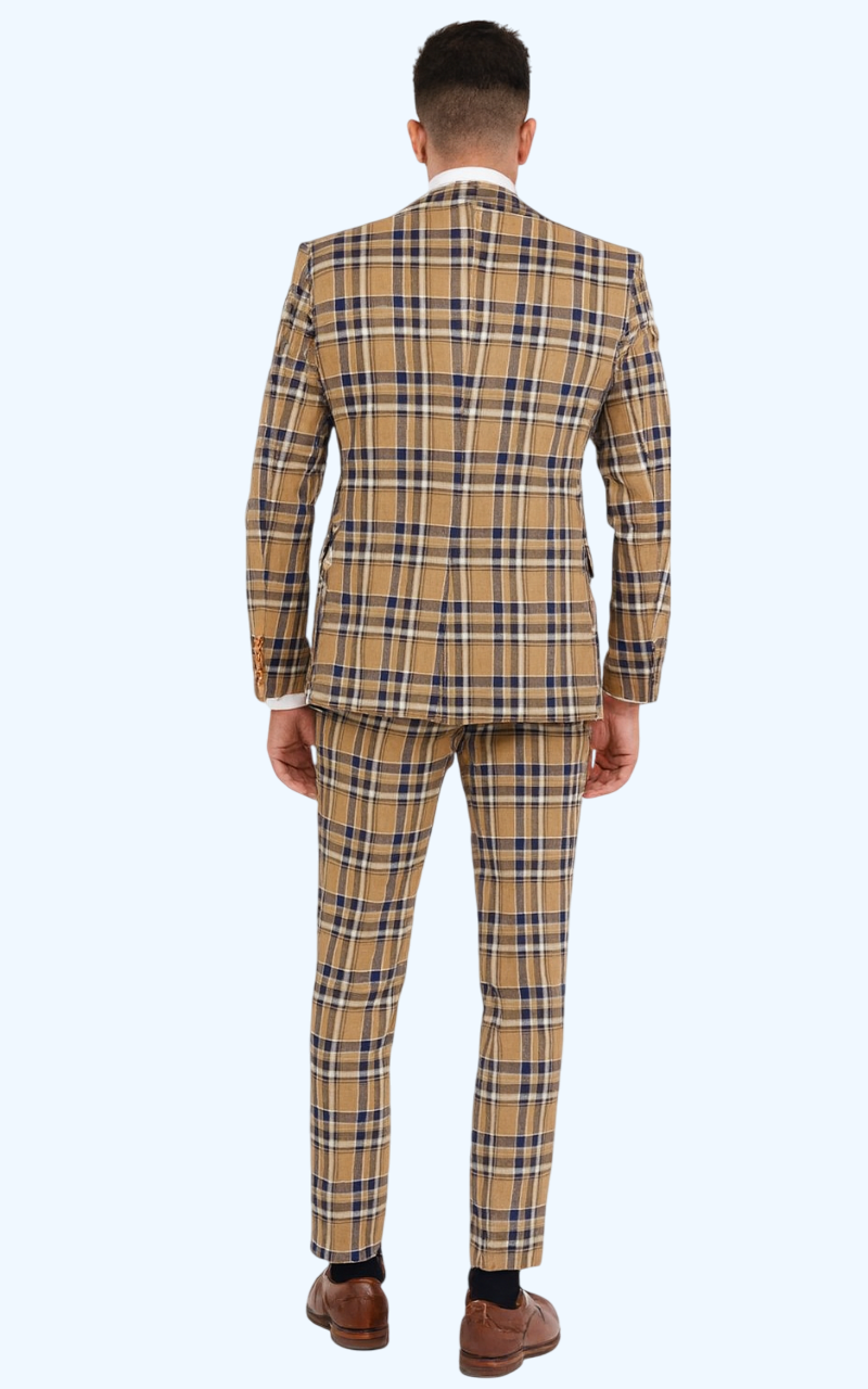 Men’s Two-Button Peak Lapel Suit in Brown & Blue – Modern Slim Fit