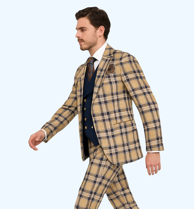 Men’s Two-Button Peak Lapel Suit in Brown & Blue – Modern Slim Fit