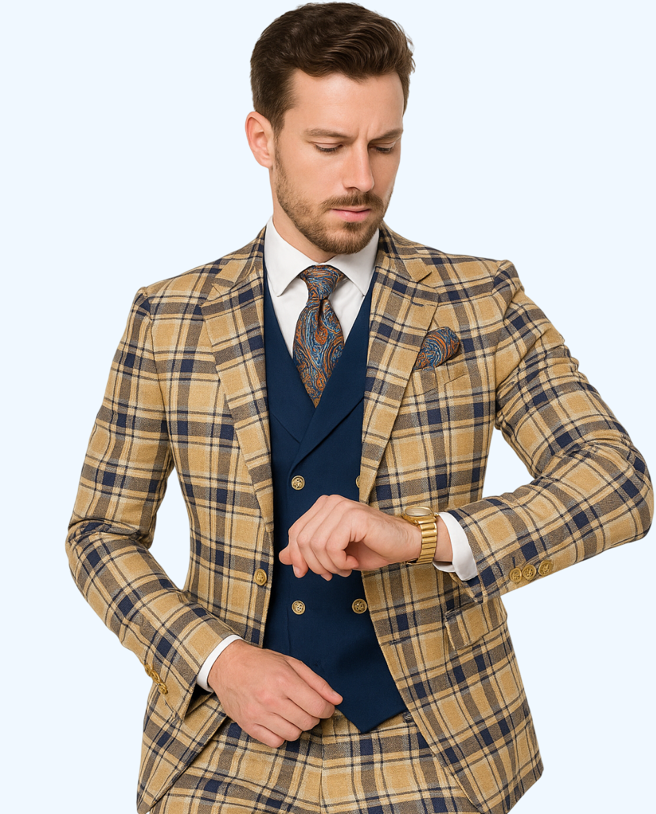 Men’s Two-Button Peak Lapel Suit in Brown & Blue – Modern Slim Fit