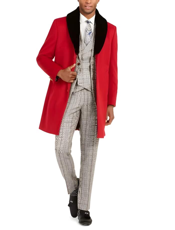 Men's Red Faux-Fur Trim Overcoat