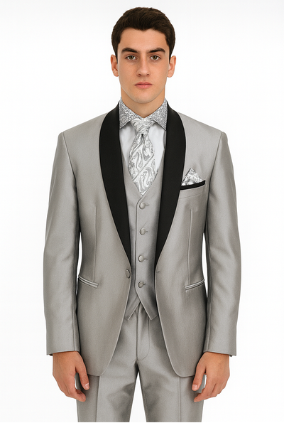 Men's Two Toned Tuxedo Trimmed Jacket And Suit Silver Grey