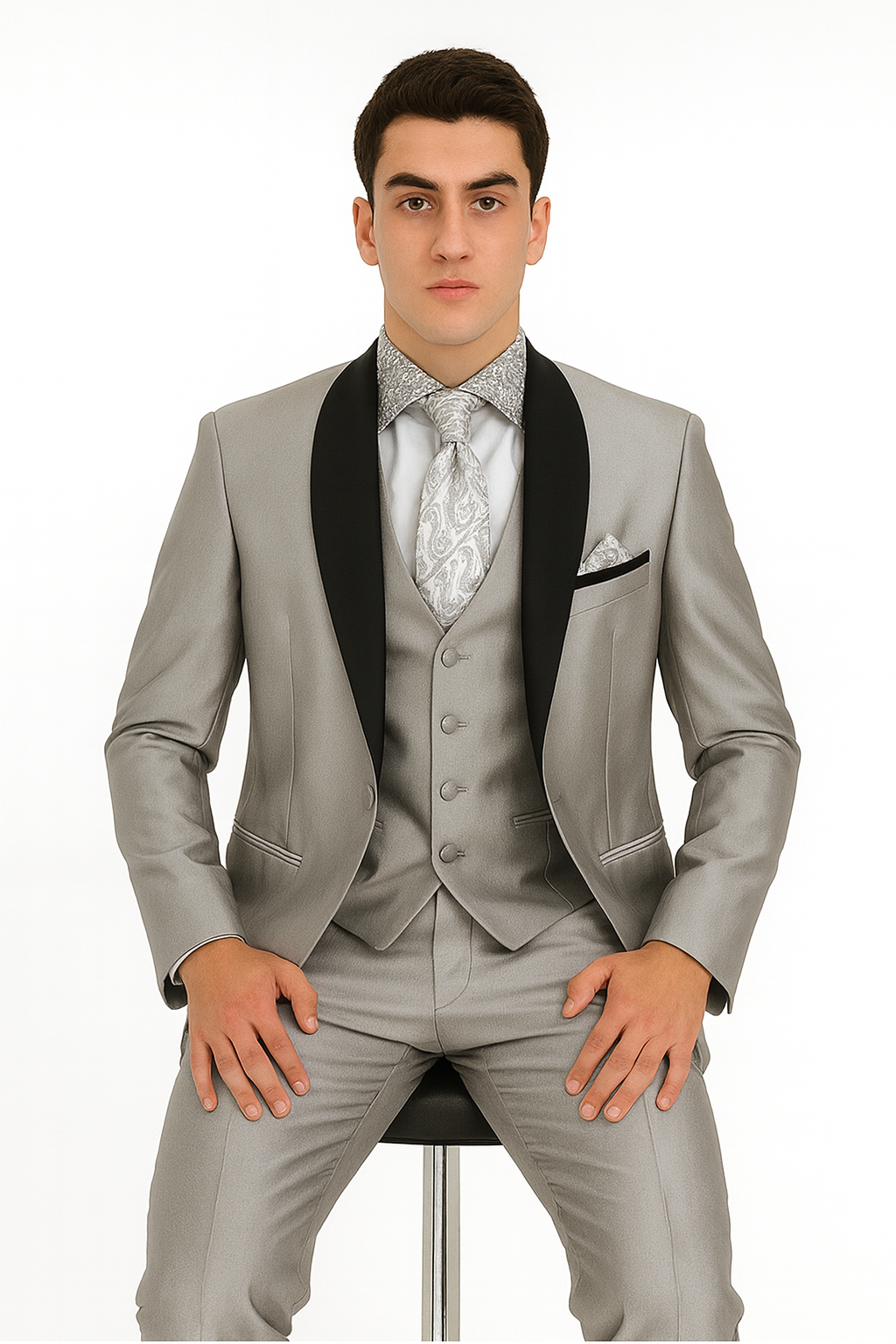 Men's Two Toned Tuxedo Trimmed Jacket And Suit Silver Grey