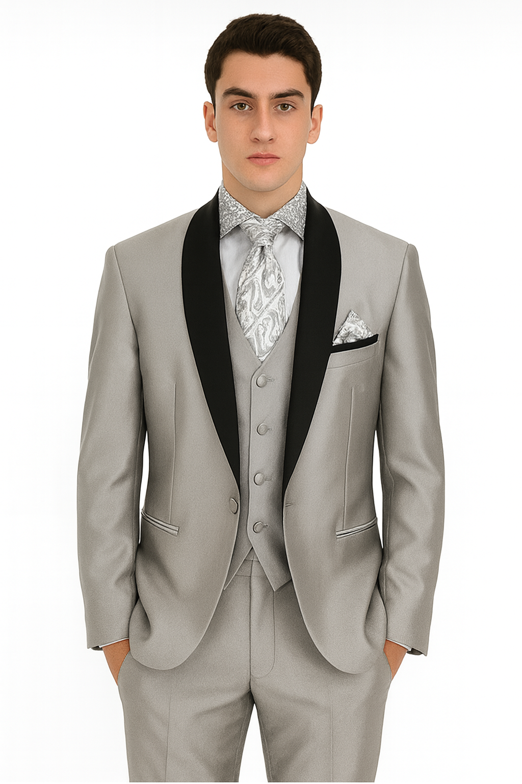 Men's Two Toned Tuxedo Trimmed Jacket And Suit Silver Grey
