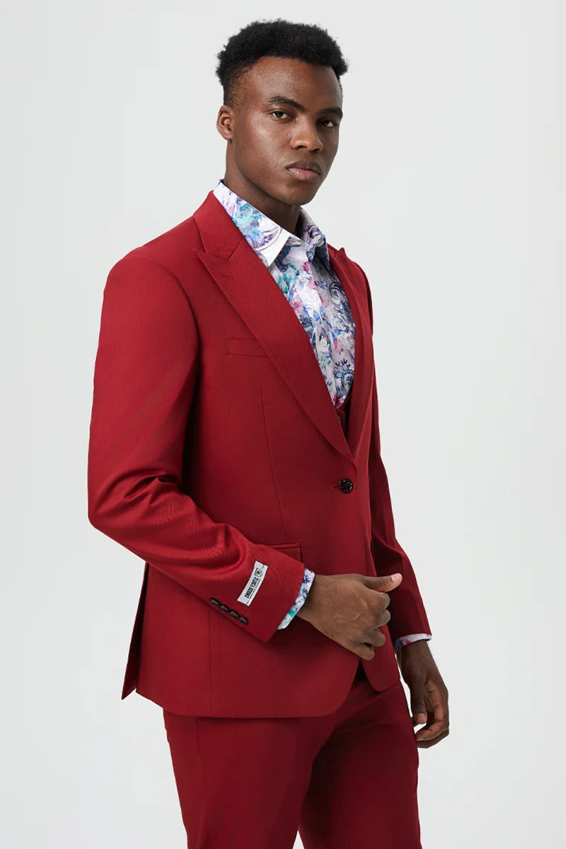 Men's Vested One Button Peak Lapel Stacy Adams Designer Suit in Cherry Red