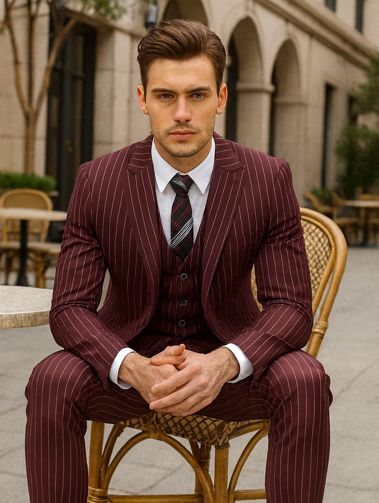 Burgundy 1920s Gangster Pinstripe Suit for Men