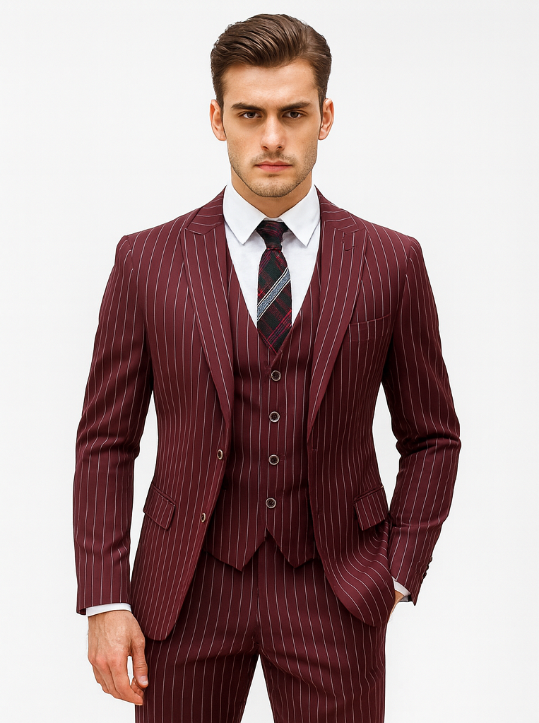 Burgundy 1920s Gangster Pinstripe Suit for Men