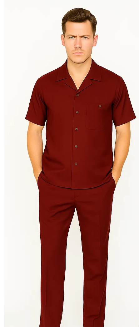 Mens Walking Suit in Color Burgundy leisure suit casual Matching Shirt and Pants $99