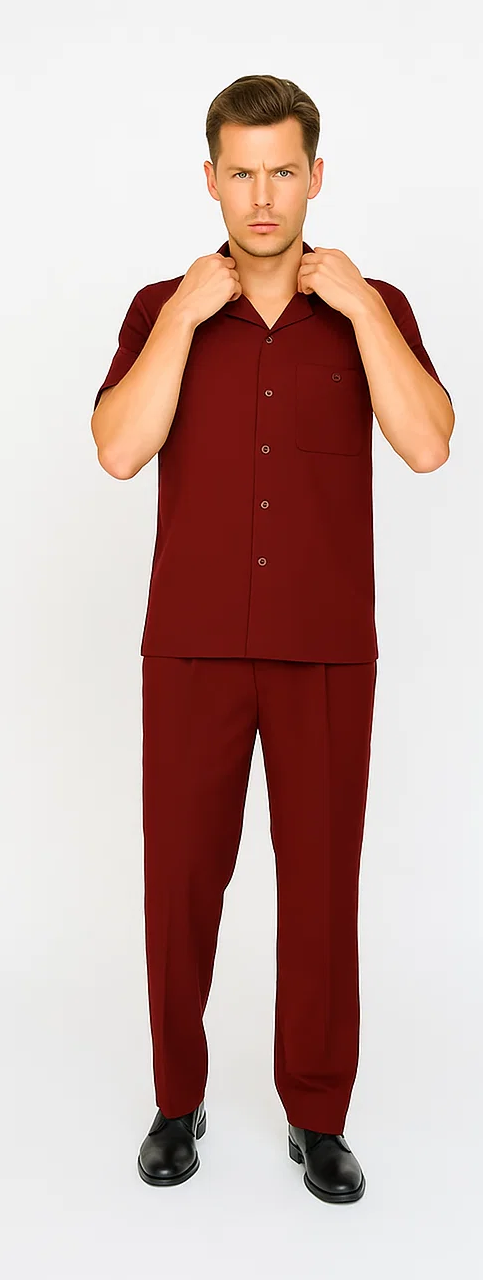 Mens Walking Suit in Color Burgundy leisure suit casual Matching Shirt and Pants $99