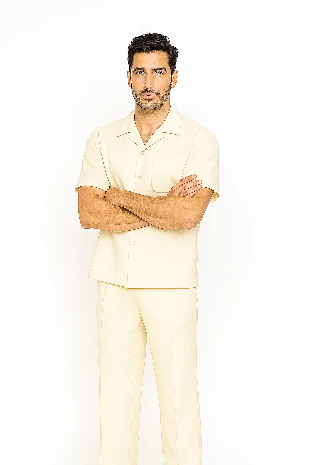 Cream Men's Walking Suit Set with Shirt and Pants