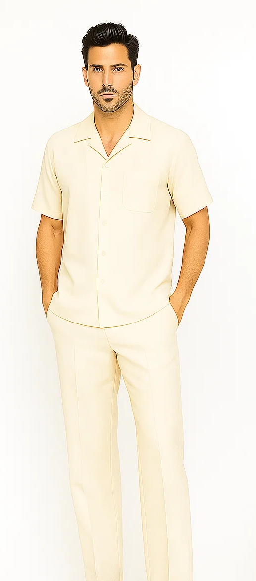 Cream Men's Walking Suit Set with Shirt and Pants
