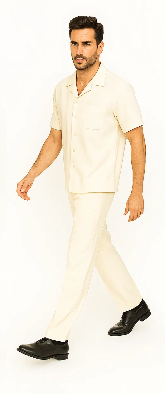 Cream Men's Walking Suit Set with Shirt and Pants