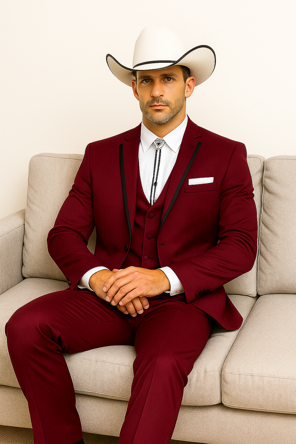 SKU#JA60892 Country Tuxedos For Weddings Mens Western Traje Vaquero Suit - Burgundy Tuxedo