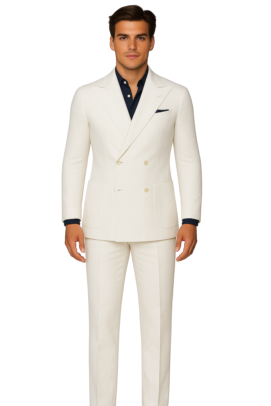 White Linen Double Breasted Suit, 4 Button