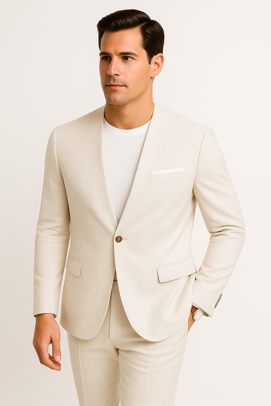White Linen Summer Suit - Collarless Blazer & Pants