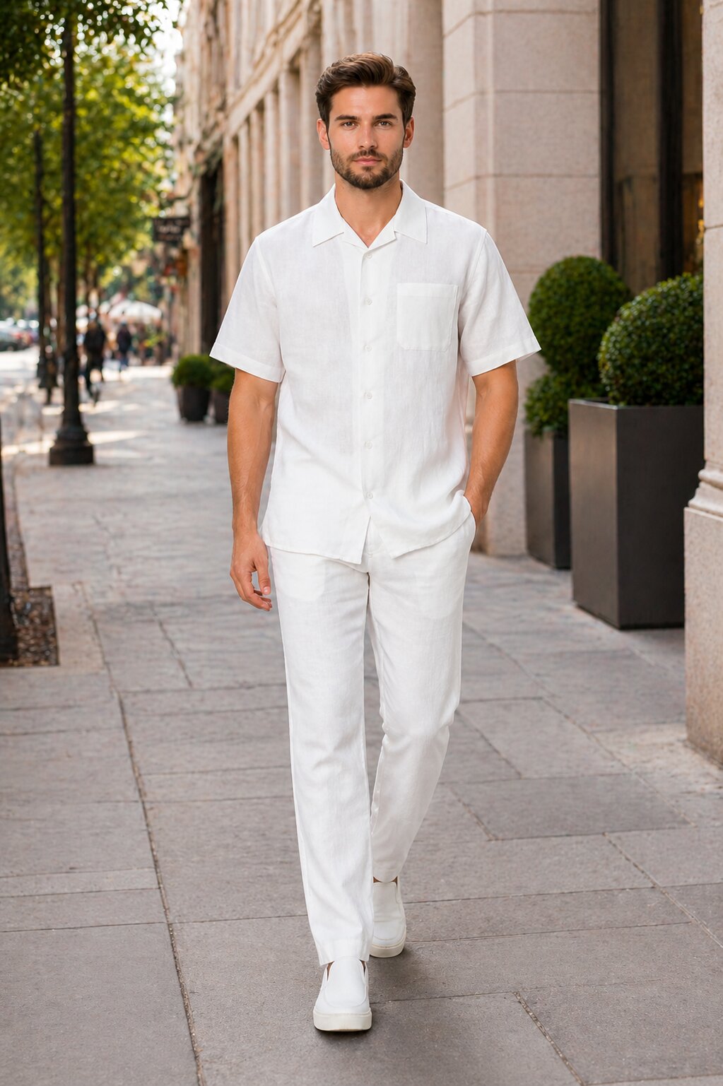 Men's Two Piece Shirt And White Casual Set Walking Leisure Suit - Mens Linen Suit