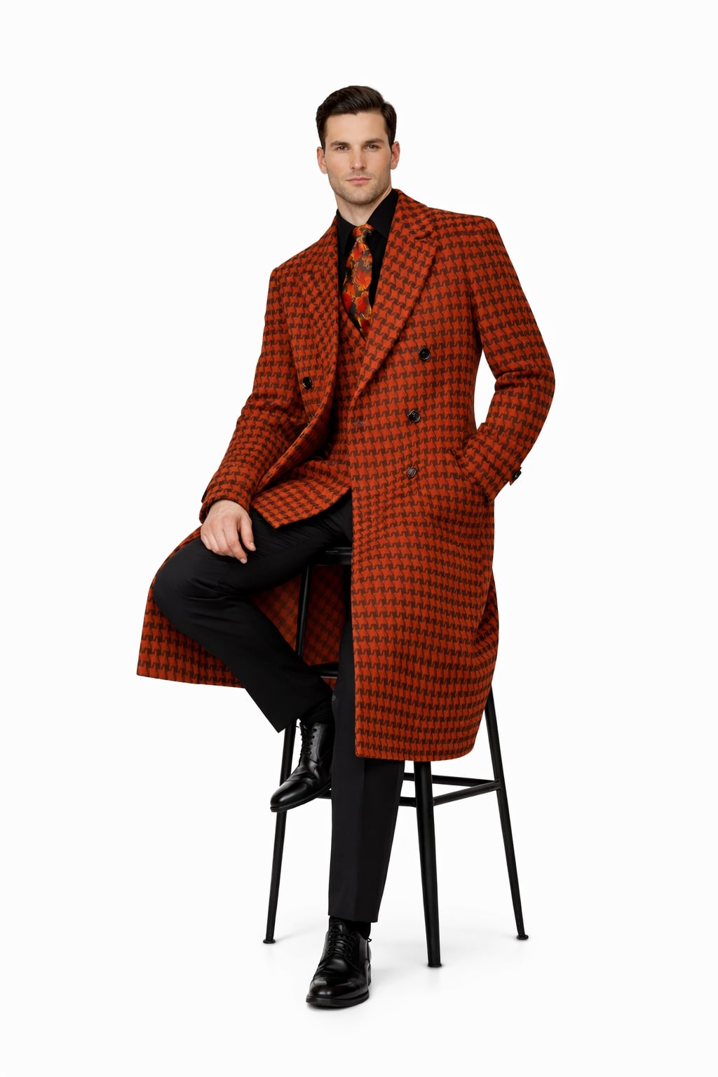 Men's Full Length Top Coat - Wide Fashion Lapel Rust Houndstooth