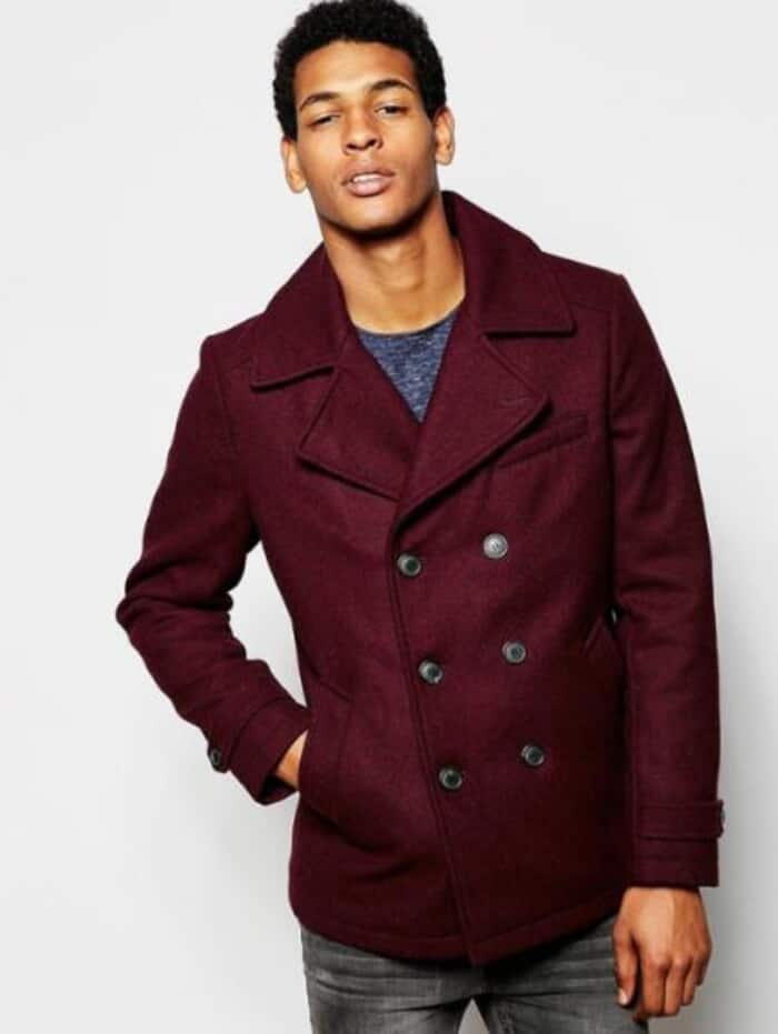 Men's Burgundy Double Breasted Wool Coat