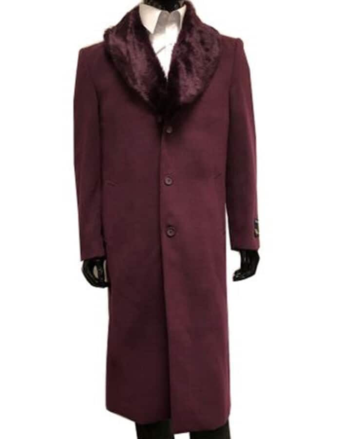 Men's Burgundy Wool Overcoat with Fur Collar