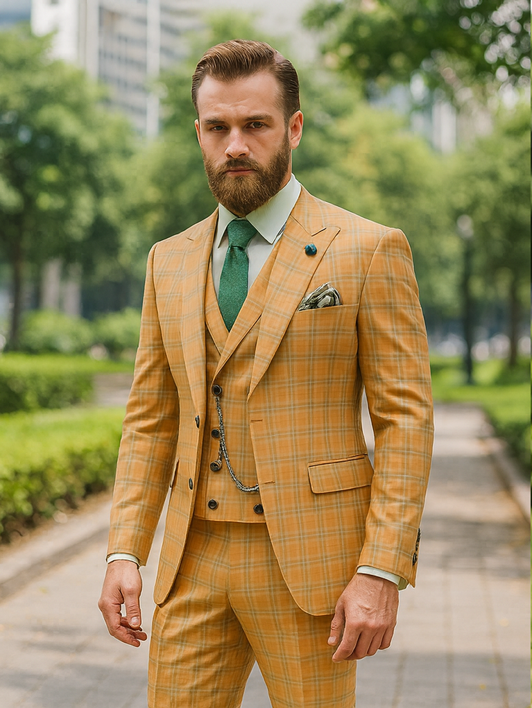Men's 3-Piece Yellow Plaid Suit with Vest