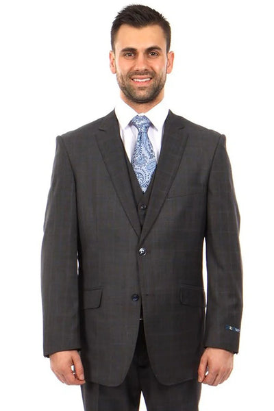 Mens Zegarie Brand Men's 100% Wool Modern Fit Vested Suit in Charcoal Grey & Blue Windowpane Plaid