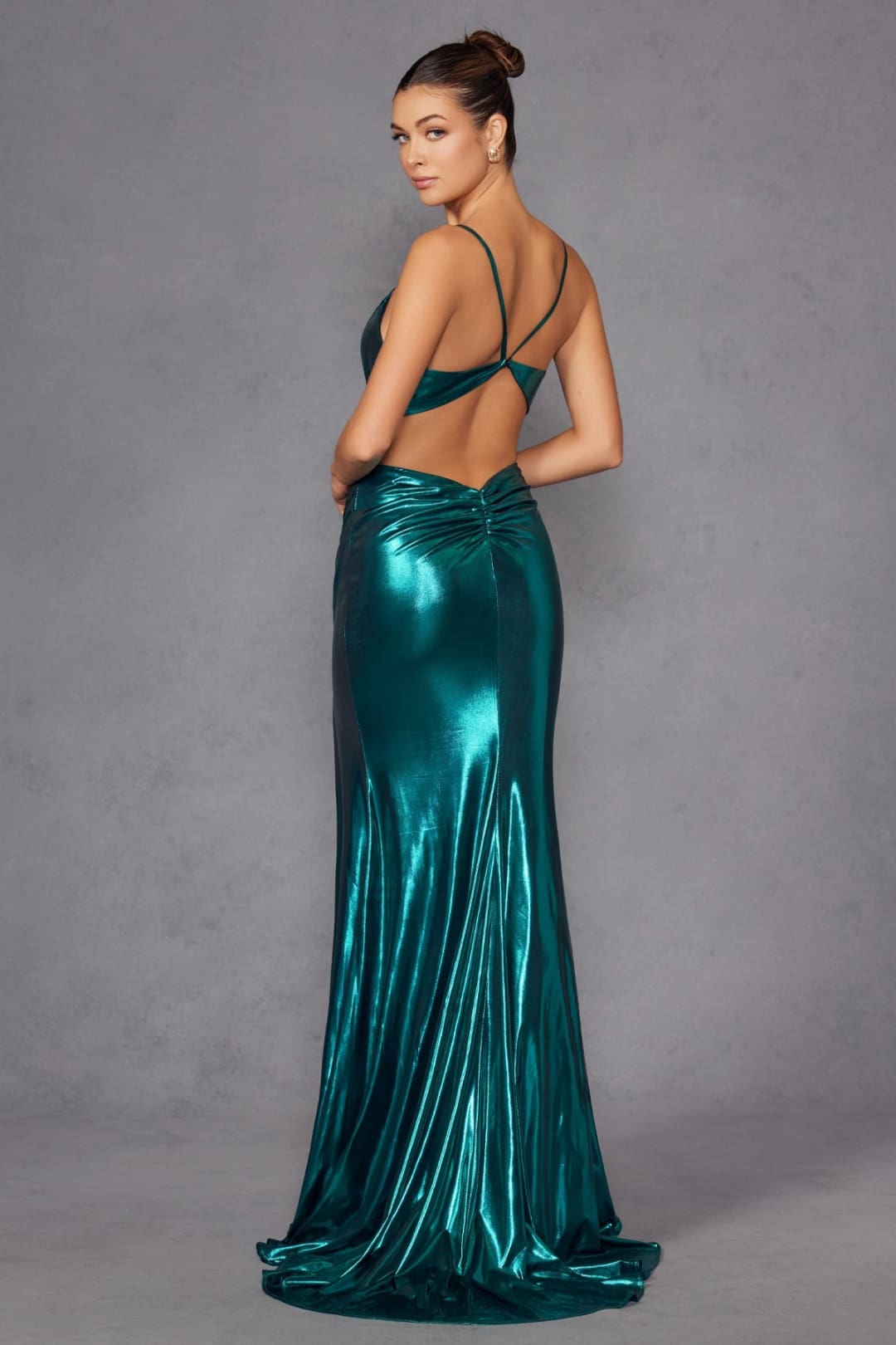 Metallic Sleeveless Slit Gown by Juliet JT2567U
