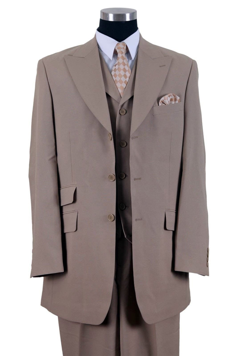 Tan 3 Button Vested Suit with Peak Lapel