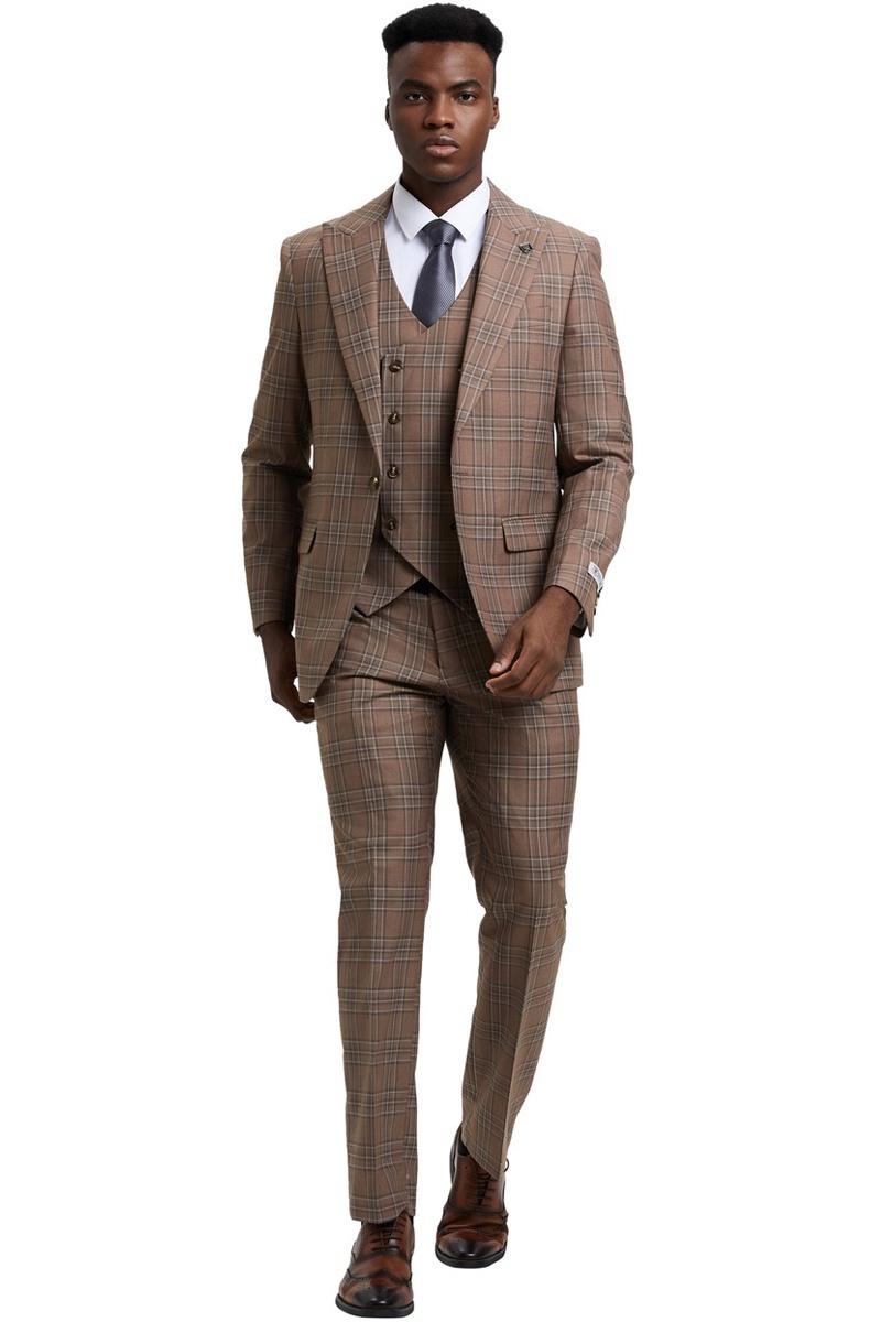 Stacy Adams Light Brown Plaid Peak Lapel Vest Suit