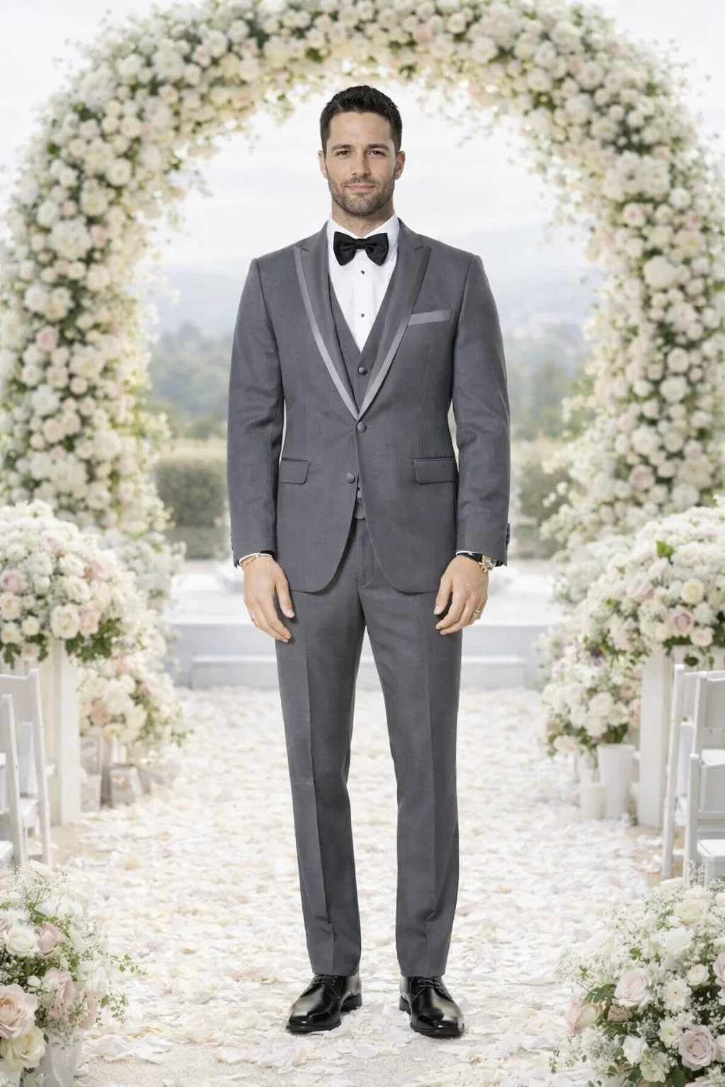 Mid Grey Textured Tuxedo Three Piece Set with Satin Trim - Wedding - Prom