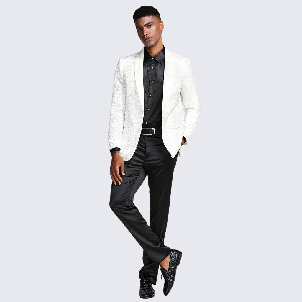 White Paisley Tuxedo Jacket with Shawl Lapel – Wedding & Prom