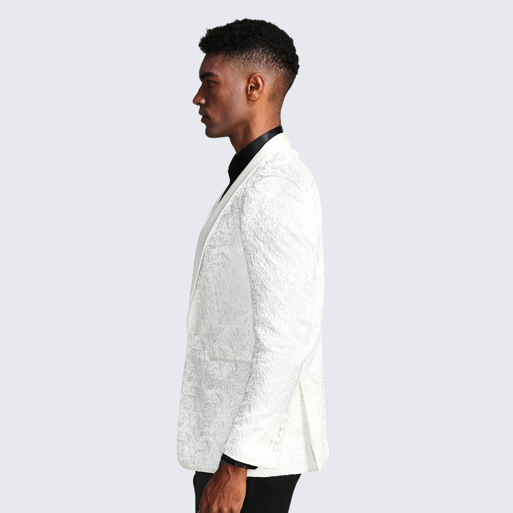 White Paisley Tuxedo Jacket with Shawl Lapel – Wedding & Prom