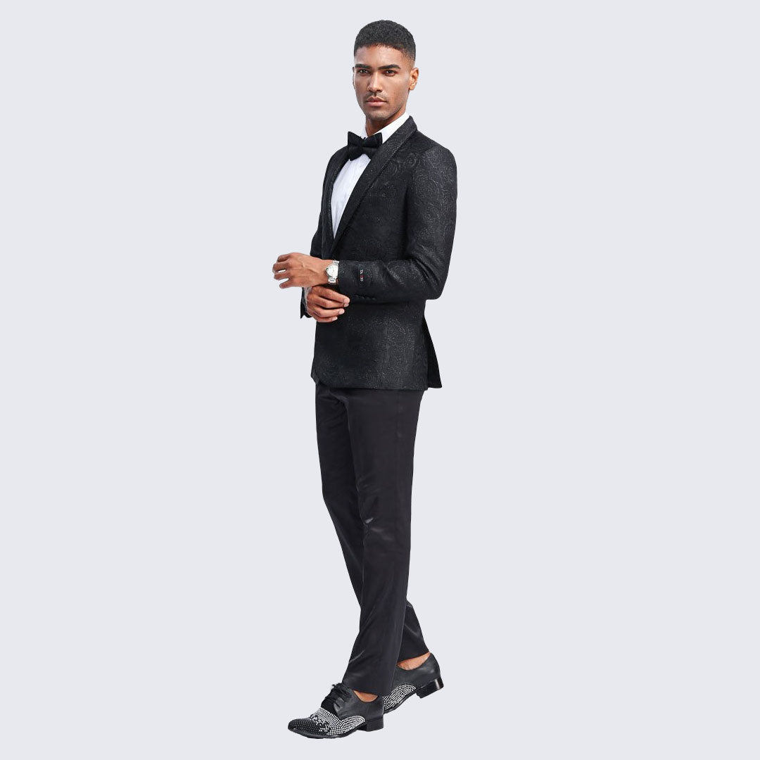 Black Floral Tuxedo Jacket with Shawl Lapel – Wedding & Prom