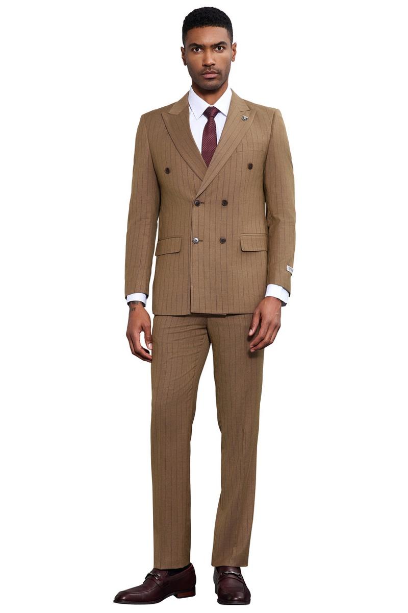 Stacy Adams Double Breasted Pinstripe Camel Suit