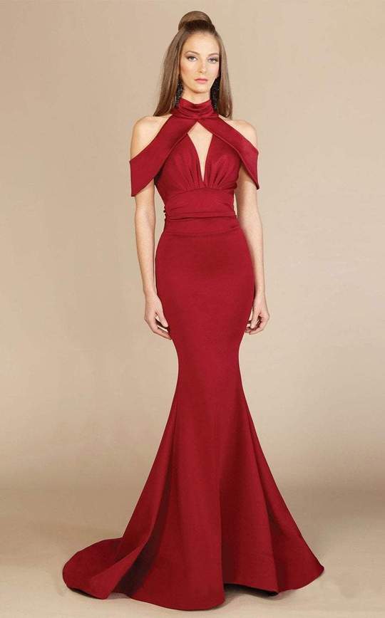 MNM Couture S0005 Mermaid Gown with Cold Shoulder Cutouts - Red