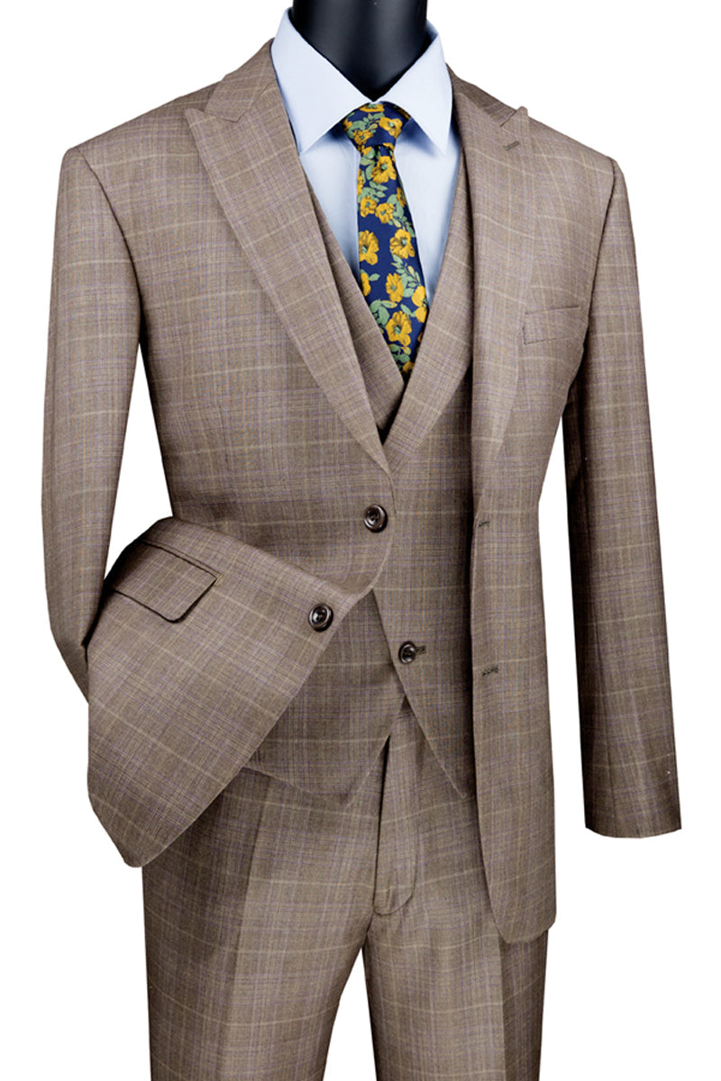 Men's Tan 2 Button Plaid Vested Peak Lapel Suit