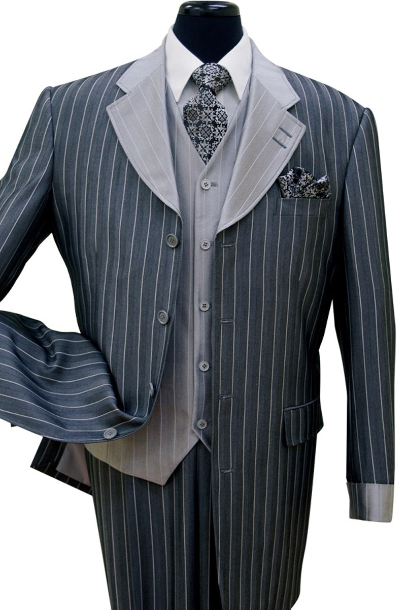 Mens 4 Button Vested Contrast Collar Fashion Pinstripe Suit in Navy
