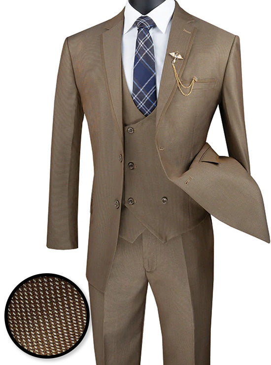 Birdseye Pattern Modern Fit Khaki 3 Piece Suit