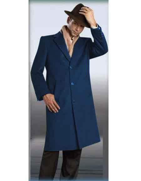 Navy Blue Full Length 3 Button Long men's Dress Topcoat - Winter coat