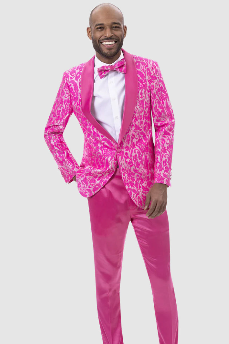 Slim Fit Paisley Brocade Prom Tuxedo - Hot Pink