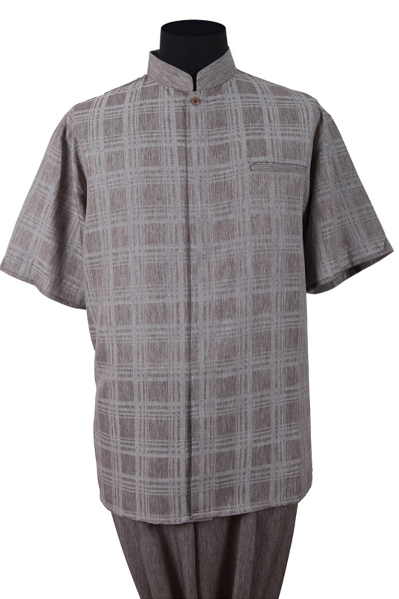 Mens Short Sleeve Plaid Mandarin Banded Collar Walking Suit in Light Brown