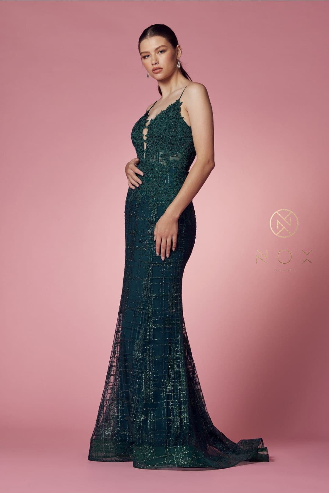 Nox Anabel R282-1 Strappy Glitter Deep V-Neck Mermaid Prom Evening Gown