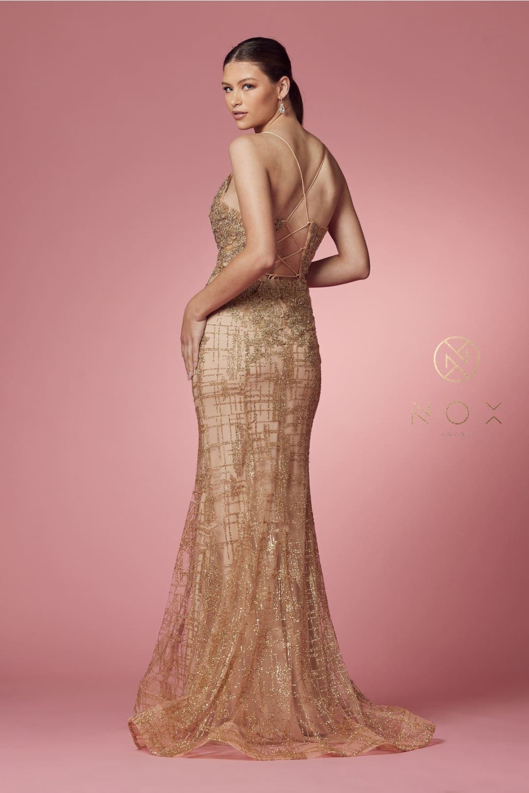 Nox Anabel R282-1 Strappy Glitter Deep V-Neck Mermaid Prom Evening Gown