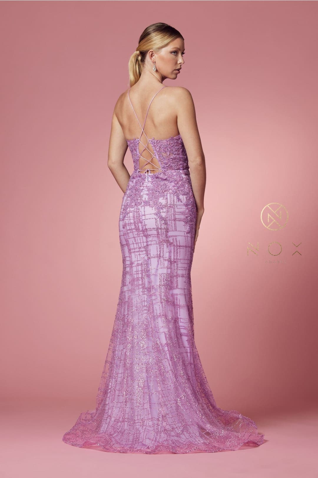 Nox Anabel R282-1 Strappy Glitter Deep V-Neck Mermaid Prom Evening Gown