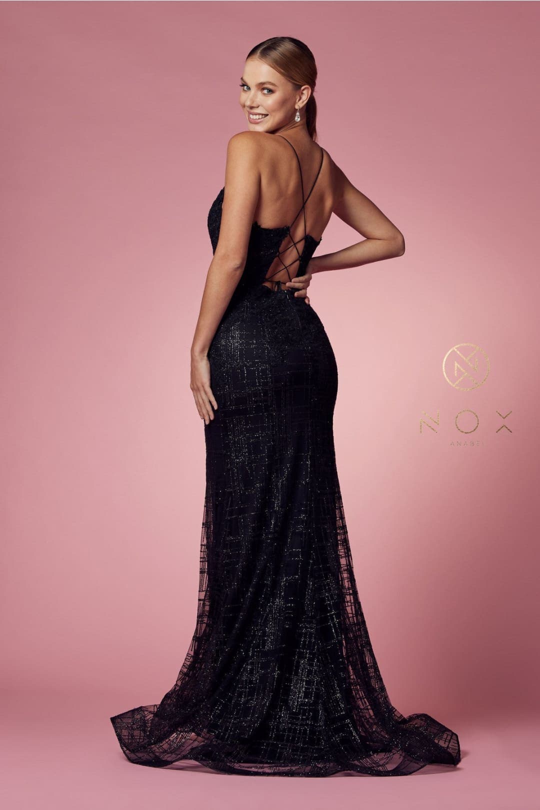 Nox Anabel R282-1 Strappy Glitter Deep V-Neck Mermaid Prom Evening Gown