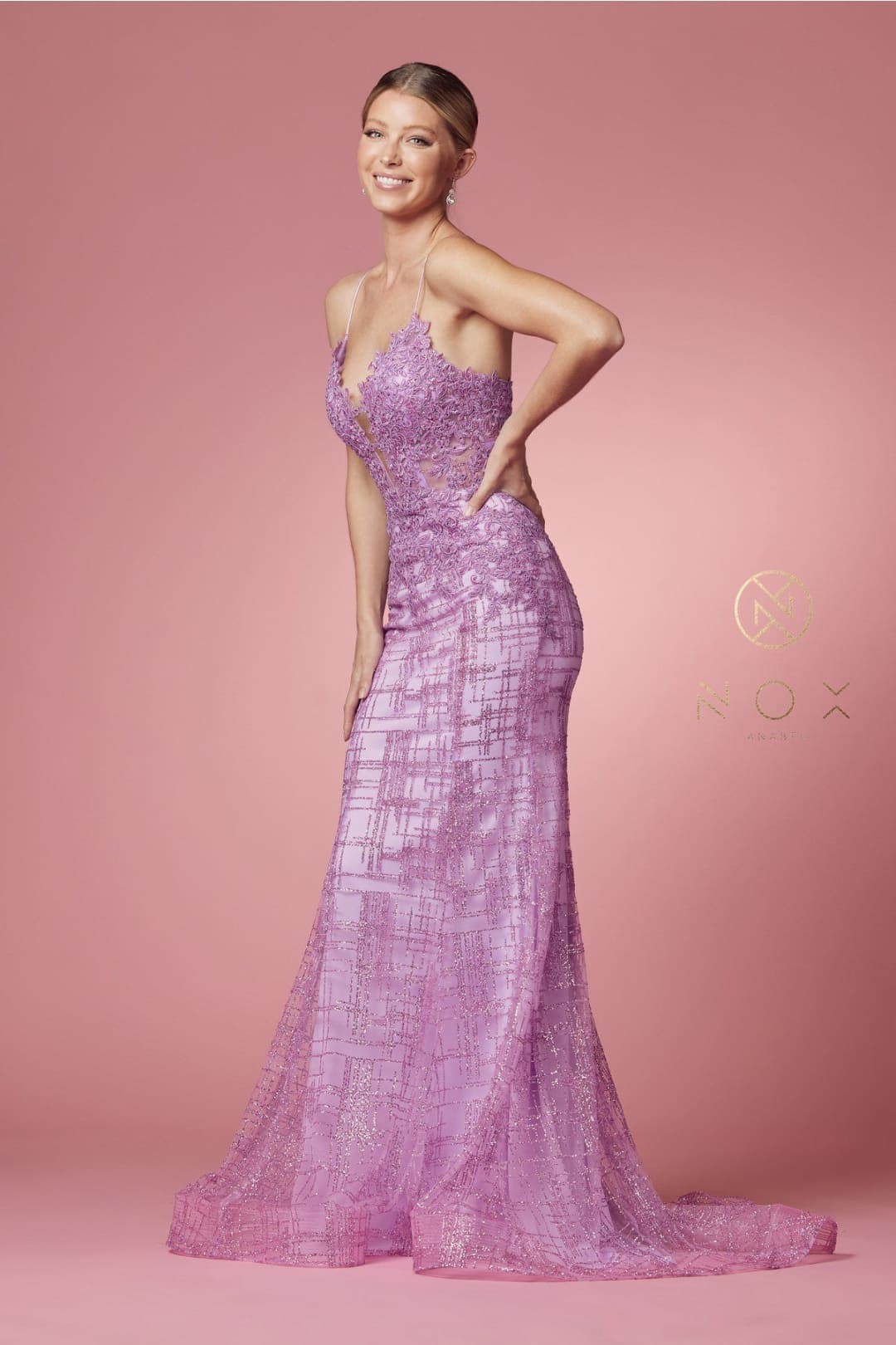 Nox Anabel R282-1 Strappy Glitter Deep V-Neck Mermaid Prom Evening Gown