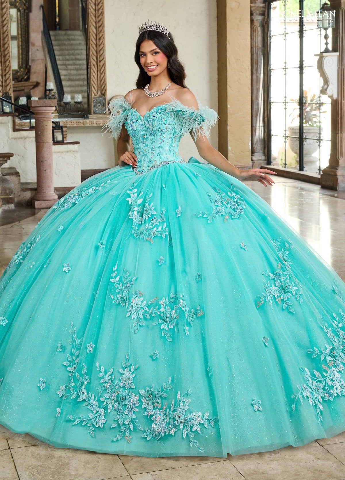 Rachel Allan RQ2186 Off Shoulder Feather Quinceanera Dress