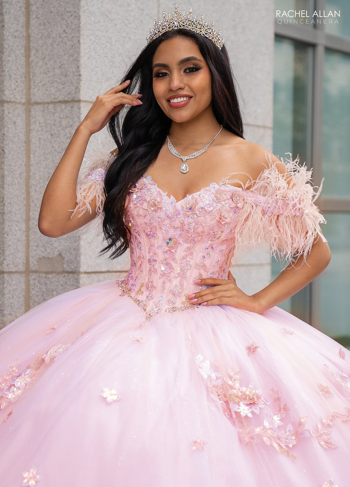 Rachel Allan RQ2186 Off Shoulder Feather Quinceanera Dress