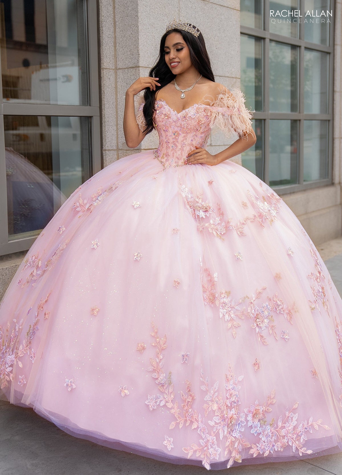 Rachel Allan RQ2186 Off Shoulder Feather Quinceanera Dress