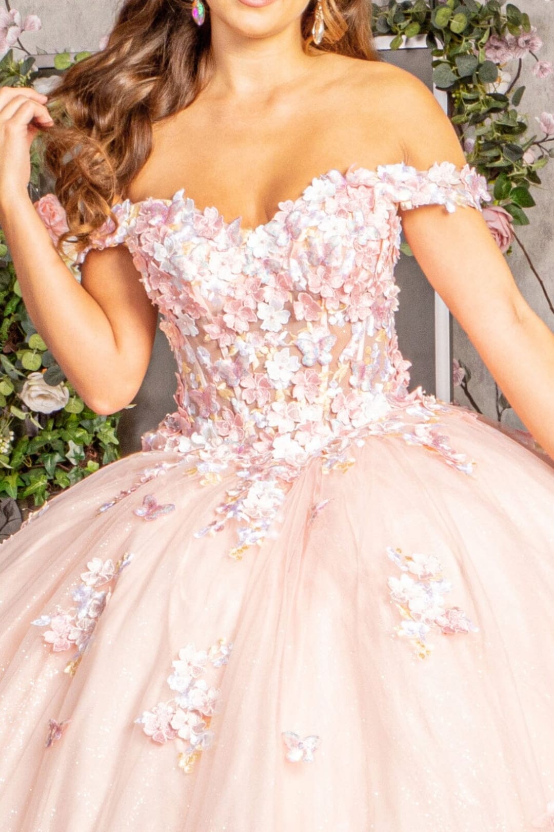 Off Shoulder Sheer Corset Ball Gown by Elizabeth K GL3182