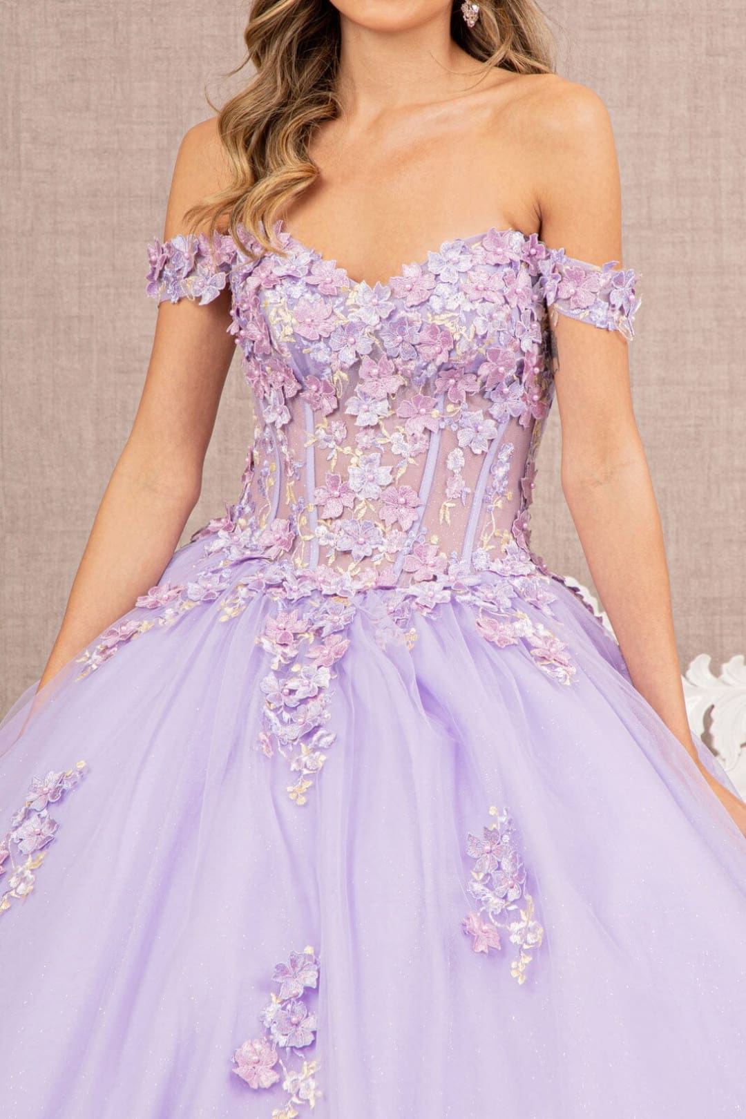 Off Shoulder Sheer Corset Ball Gown by Elizabeth K GL3182