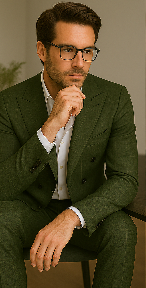 Italian Double Breasted Windowpane Wool Suit